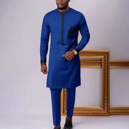 Tracksuits voor heren Blue Dashiki Man Outfits Zet top en broek 2pcs kleding traditionele Afrikaanse kleding voor mannen casual voor mannen etnische stijl 221202