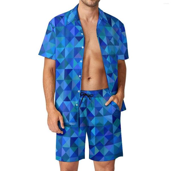 Suits-survêtement masculins Géométrie bleu sets hommes abstraits Art Imprimé shorts décontractés Summer Hawaii Fitness Outdoor Shirt Set à manches courtes surdimensionnées