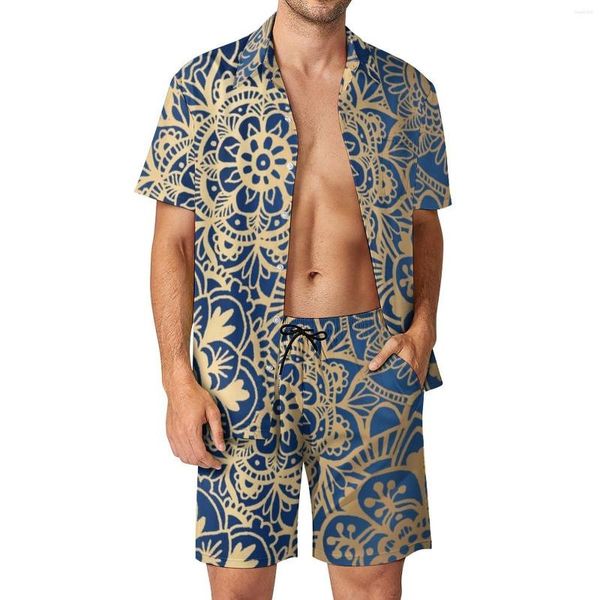 Chándales de los hombres Conjuntos de hombres de mandala de oro azul Conjunto de camisa casual con estampado de flores vintage Pantalones cortos de vacaciones retro Traje gráfico Ropa de dos piezas Plus