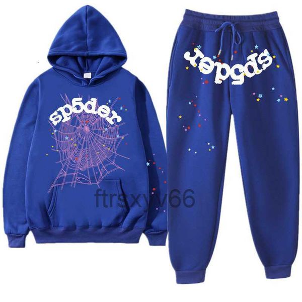 Survêtements pour hommes Blue Sp5der 555555 Sweat à capuche Hommes Femmes Survêtement Spider Web Pantalon d'impression et vêtements de sport Streetwear Young Thug Pull Ensembles 230306 X5LX