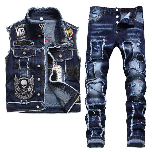 Chándales para hombres Azul Verano Hombres Piezas Conjuntos Slim Casual Bordado Skull Denim Chaleco y parche de pintura irregular Stretch Jeans Conjuntos de HombresF24L