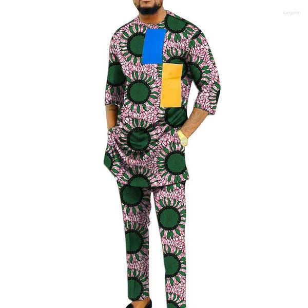 Chándales de hombre Color azul amarillo Bloque decorativo Patchwork Tops con pantalones Mangas de tres cuartos Conjunto Ropa de moda nigeriana para hombre