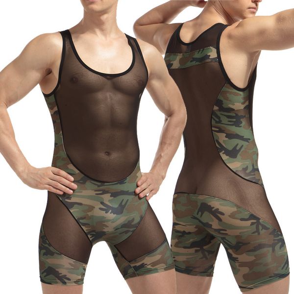 Survêtements pour hommes Body Siamois Sous-vêtements Culottes Shapers Boutons Costume de lutte Respirant Mesh Mens Camouflage transparent Bodywear 230419