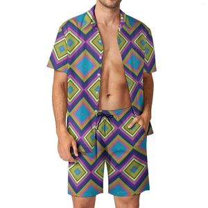 Survêtements pour hommes Bohème Diamant Imprimer Hommes Ensembles Coloré Géométrique Chemise Décontractée Ensemble Cool Shorts De Plage D'été Costume Personnalisé Deux Pièces Vêtements