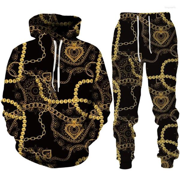 Survêtements pour hommes Boutique Golden Chain 3D Imprimer Sweat à capuche / Pantalon / Ensemble Printemps Automne Survêtement à manches longues Tenues Couple Streetwear Jogging
