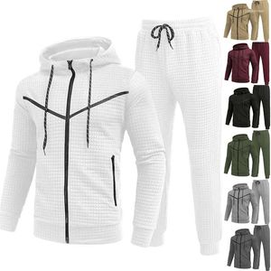 Survêtements pour hommes Marque Sweatsuit Tech Fleece 2pcs Sweat à capuche Stretch Training Wear Jacquard Petits carrés Manteau Pantalon de survêtement Sport Set