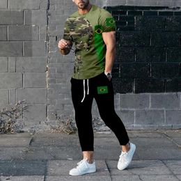 Survêtements pour hommes Drapeau du Brésil T-shirts à manches courtes Pantalons 2 pièces Ensembles Camouflage Crâne Imprimé Streetwear Casual Hommes Vêtements Tenue