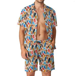 Heren trainingspakken Bright Feather Beach Herensets Kleurrijke print Casual shirtset Zomer bedrukte shorts Tweedelig cool pak groot formaat