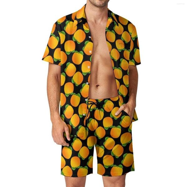 Conjuntos de chándales para hombre, naranjas brillantes, pantalones cortos informales con estampado de frutas frescas, conjunto de camisa de vacaciones Vintage de verano, gráfico de manga corta de gran tamaño