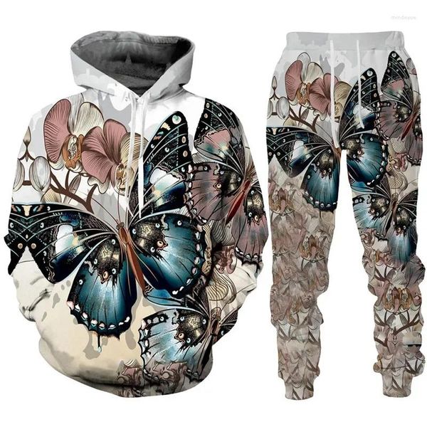 Chándales para hombres Chándal con estampado de mariposas en 3D Ropa informal estilo hip hop Sudaderas con capucha Trajes de 2 piezas Hombres Mujeres Niños Sudadera con capucha informal Pantalones para correr