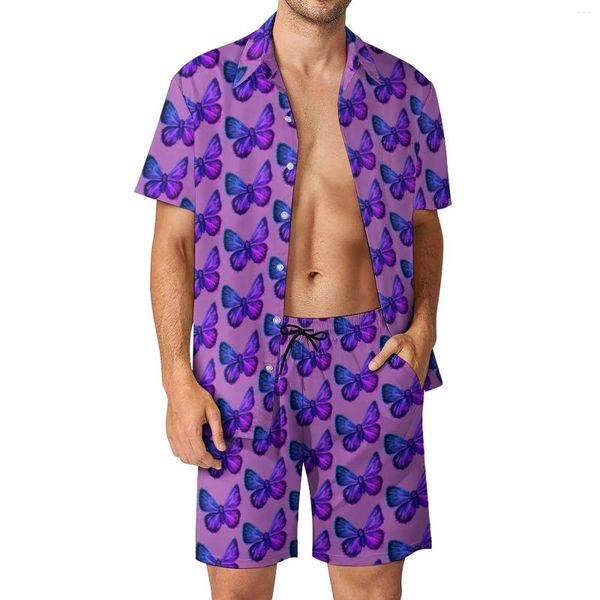 Survêtements pour hommes imprimé papillon hommes ensembles violet animal cool chemise décontractée ensemble manches courtes shorts personnalisés été fitness costume extérieur grand