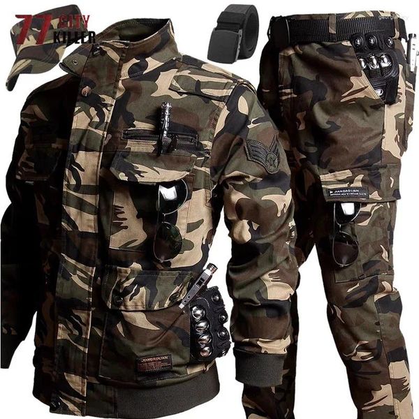 Chándales para hombres Conjuntos de carga táctica de lana de camuflaje para hombre Chaquetas de bombardero con múltiples bolsillos para exteriores Pantalones militares Trajes de combate resistentes al desgaste