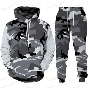 Survêtements pour hommes Sweat à capuche camouflage 3D Imprimer Survêtement Set Homme Sweat à capuche + Pantalon 2pcs Set Outdoor Fitness Sportswear Casual Vêtements de sport pour hommes T240126