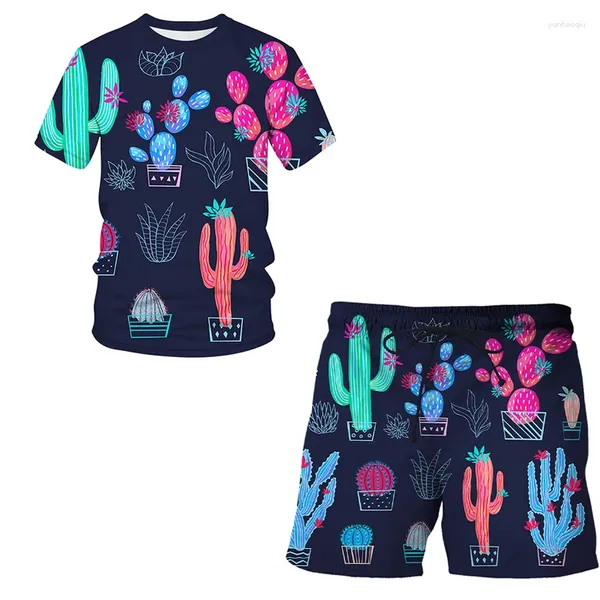 Survêtements pour hommes dessin animé Cactus été 3D imprimé T-shirt ensemble Short et haut vêtements de sport survêtement col rond manches courtes vêtements costume