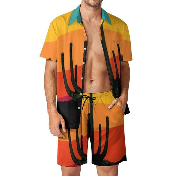 Survêtements pour hommes Cartoon Desert Men Sets Retro Cactus Sunset Shorts décontractés Summer Hawaii Vacation Shirt Set Costume surdimensionné personnalisé Anniversaire G