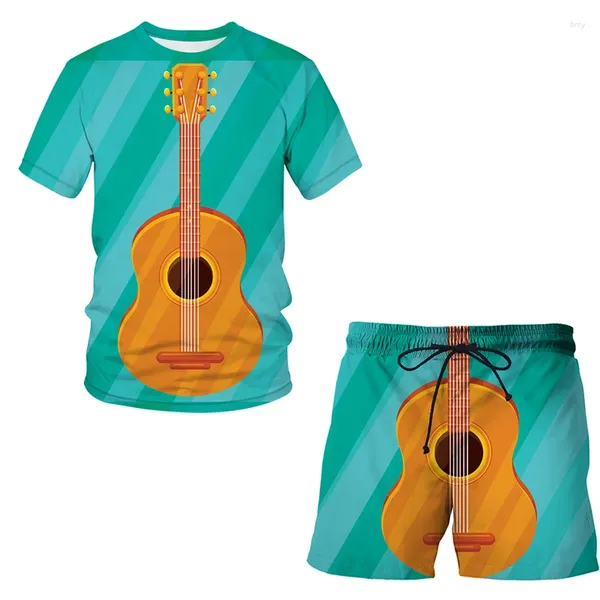 Chándales para hombre, conjunto de camiseta informal en 3D con estampado de instrumentos musicales, ropa de guitarra, pantalones cortos de manga corta para exteriores, 2 piezas