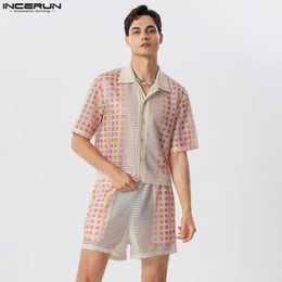 Heren Trainingspakken Casual Feestdagen Stijl Sets INCERUN Mens See through Hollowed Mesh Short Sleeved Shirt Shorts Mode Heren Tweedelig 230720