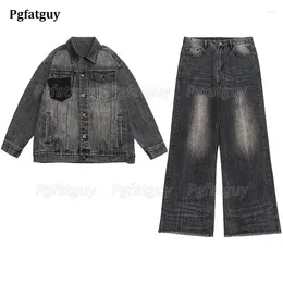 Survêtements pour hommes Casual Loose Ensembles Rétro Noir Veste en jean à manches longues et jeans tube droit 2pcs Ensemble Automne M-5XL Hip Hop Streetwear