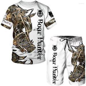 Survêtements pour hommes Casual Sportswear Set Summer Animal Tattoo Blanc Manches courtes Le Lion 3D Imprimer T-shirt et short à col rond