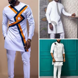 Chándales de hombre Trajes casuales Conjunto de traje blanco estampado Color sólido Camisa de manga larga Ropa Novio de boda Moda de invierno 230712