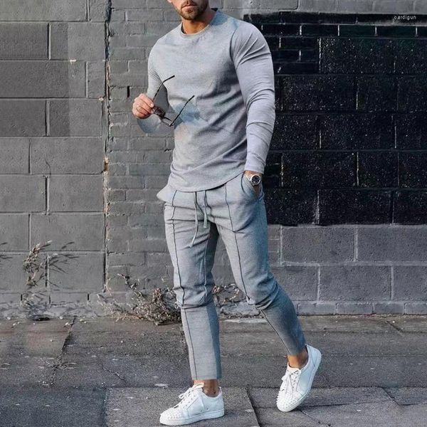 Chándales para hombres Conjunto casual de dos piezas Traje deportivo para hombres Color sólido Camiseta de manga larga y pantalones Conjuntos Moda Hip Hop Streetwear