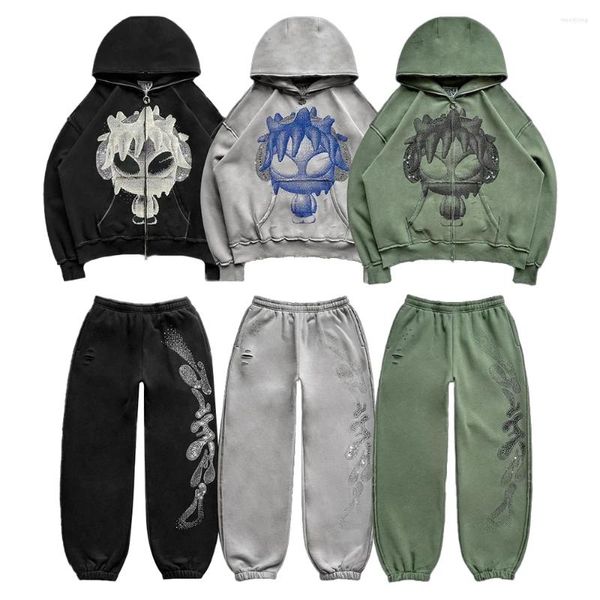 Survêtements pour hommes Chicano Street Trend Graffiti Diamond Sweat-shirt ample Y2k Hip-Hop Pull Casual Top Pantalon de sport polyvalent Ensemble deux pièces