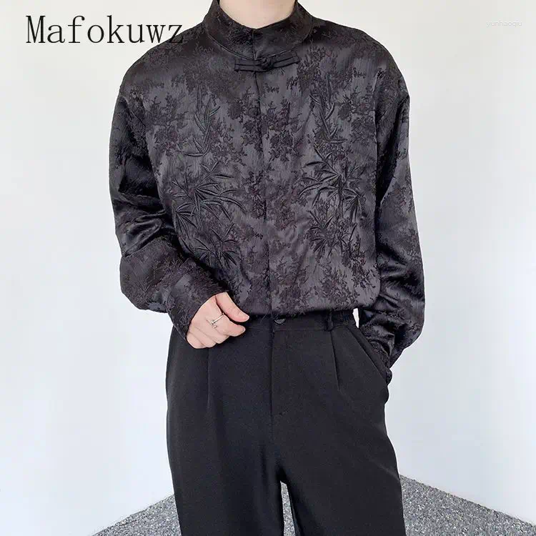 Men's Tracksuits Chinese Style Bamboo Leaf Embroidered Shirt Pants Suit Fashion Stand Collar Button Top Trousers Male Clothes