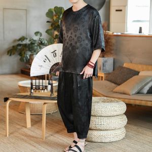 Survêtements pour hommes Style chinois Ice Soie Jacquard Costume Col rond Section mince T-shirt ample Plus Pantalon Casual Mode Home Wear Pyjamas