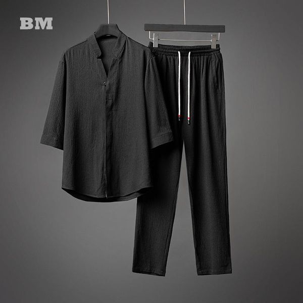 Chándales de hombre Estilo chino Lino de seda de hielo Traje de dos piezas Verano Camiseta de manga corta delgada Pantalones de talla grande Harajuku Ropa de gran tamaño