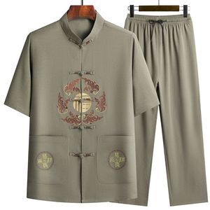 Chándales para hombres Conjuntos de trajes Tang de estilo chino Manga corta Pantalones largos Tradición Bordado de dragón Kung Fu Seda satinada Wu Shu Tai Chi Set 231023