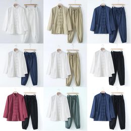 Survêtements pour hommes Style chinois traditionnel rétro chemise à manches longues pantalon de cordon ensemble coton lin plaque boucle col haut deux pièces