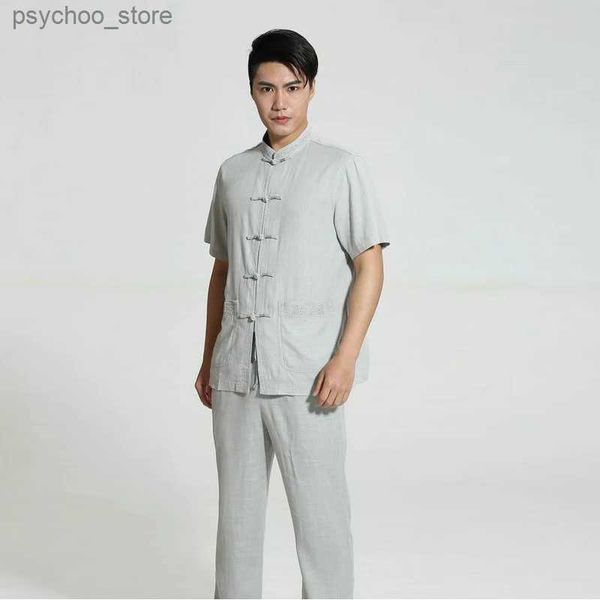 Survêtements pour hommes Style de pause thé chinois Twinset Beige Gris Haut à manches courtes et pantalon 2 pièces Ensemble avec décoration de broderie australienne Q240314