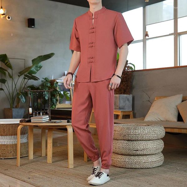 Survêtements pour hommes Ensemble d'uniforme chinois Vintage Hanbok Vêtements Japonais Kimono Chemise Pantalon Coton Lin Casual 2 pièces