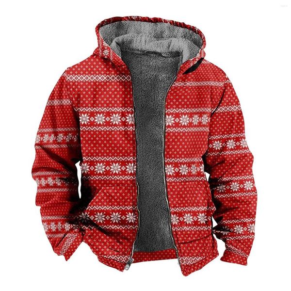 Chándales para hombres Impresión de Navidad Hombres Sudadera con capucha Abrigos Abrigos de invierno Chaqueta de bolsillo Cálido Plus Terciopelo Espesar Abrigo Fleece Suelto Masculino Navidad