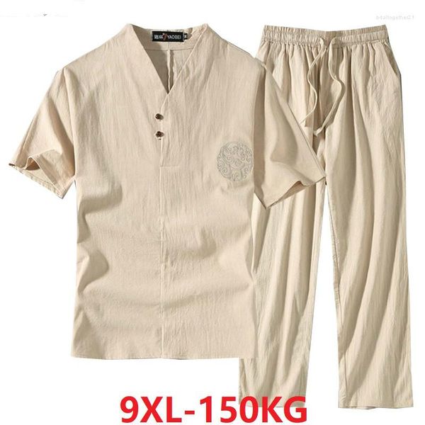Survêtements pour hommes Vêtements Grande taille Survêtement Mari 2023 Costume d'été T-shirt en lin Mode Homme Ensemble Style chinois 8XL 9XL Plus Deux pièces