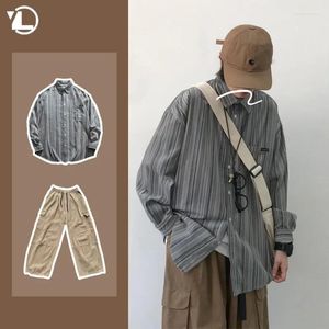 Trainingspakken voor heren College Retro Heren Tweedelige Japanse casual set Los gestreept overhemd Grote zak Trekkoord Wijde pijpen broek Unisex pak