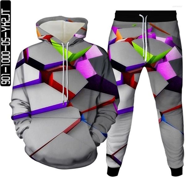 Survêtements pour hommes Couleur Motifs géométriques Cube Imprimer Vêtements pour hommes Sweat à capuche Jogger Pant 2PcSet Femmes Survêtement à manches longues Plus Size