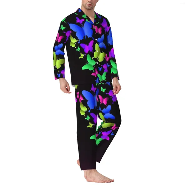 Survêtements pour hommes Papillons colorés Pyjama à manches longues avec pantalon en flanelle de coton et manches longues