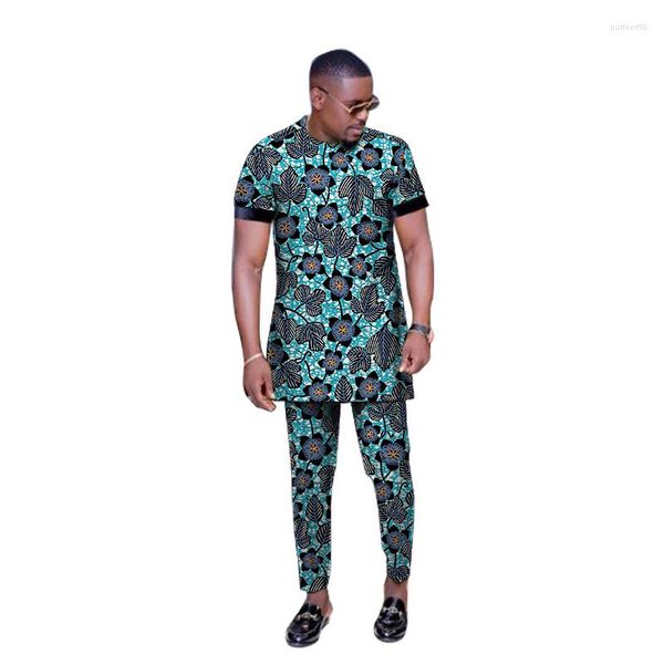 Chándales para hombre Conjunto de hombre con estampado colorido Camisas de solapa de manga corta con pantalones Traje de novio de estilo nigeriano Hombre tradicional africano