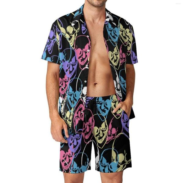 Survêtements pour hommes Crânes colorés Ensembles pour hommes Crâne abstrait Imprimer Hawaii Ensemble de chemises décontractées Shorts graphiques à manches courtes Costume de plage d'été Grand