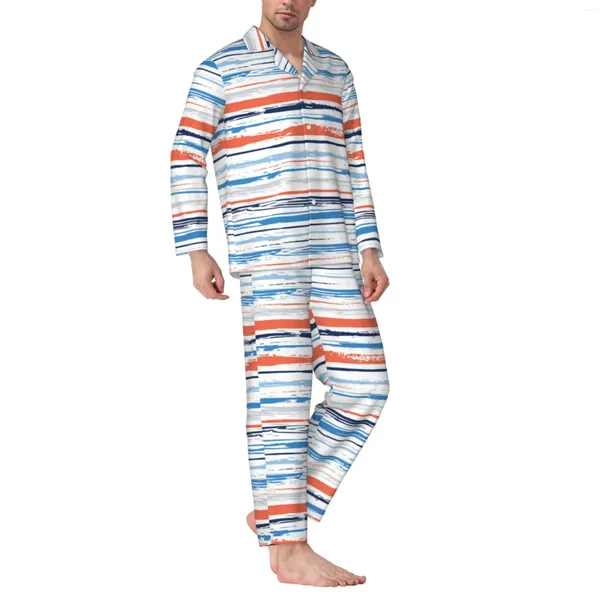 Chándales para hombre Conjunto de pijama de manga larga con rayas coloridas y pantalones de franela de algodón para hombre y manga larga