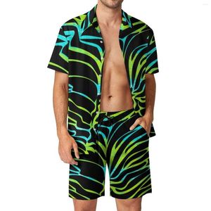 Chándales de los hombres Conjuntos de hombres de cebra coloridos Estampado de animales Conjunto de camisa informal retro Diseño de manga corta Pantalones cortos Traje de vacaciones de verano Tallas grandes