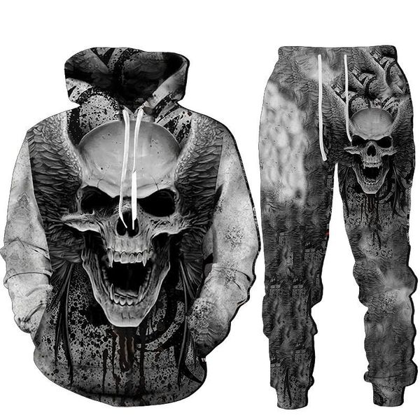 Survêtements pour hommes Cool 3D Skull Print Sweats à capuche pour hommes Sweats Costumes Mode Survêtement Automne Et Hiver Zipper Sweat À Capuche Pantalon Deux Pièces S