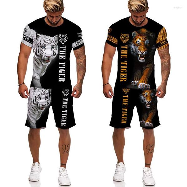 Chándales de hombre Cool The Tiger Camiseta con estampado 3d / pantalones cortos / traje Verano Casual O Cuello Camisetas de manga corta Hombres / mujeres Ropa deportiva Conjunto de dos piezas