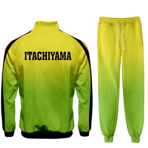 Tracksuits voor heren cosplay kostuum anime haikyuu itachiyama 3d print stand kraag ritsjack broek 2 stks set casual tracksuit sportswear uni uni