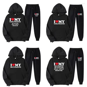 Trainingspakken voor heren Paarsets I Love My Boyfriend Print Heren Hoodies Joggingbroeken 2PCS Pakken Dames Trainingspak Sweatshirts En Joggers Minnaar