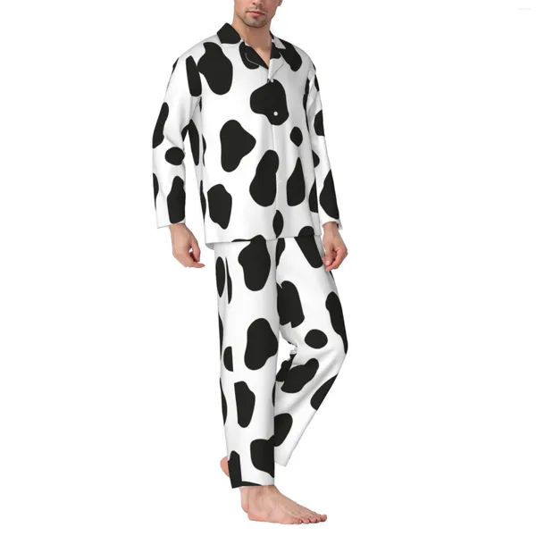 Conjunto de pijama de manga larga de piel de vaca para hombre, pantalones de franela de algodón y manga larga