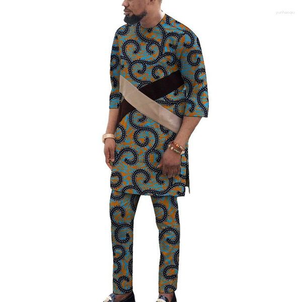 Chándales de hombre Diseño de empalme cruzado Tops con pantalones Conjunto de estampado africano Trajes nigerianos para hombre Trajes de novio de boda