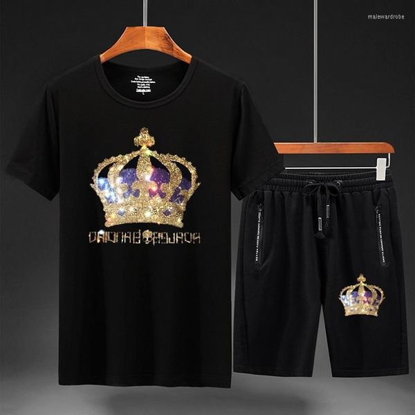 Chándales para hombre Crown 2023, ropa para hombre, ropa deportiva con diamantes de imitación, trajes de Fitness, conjunto de chándal corto para hombre, conjunto de chándal informal de 2 piezas Plus