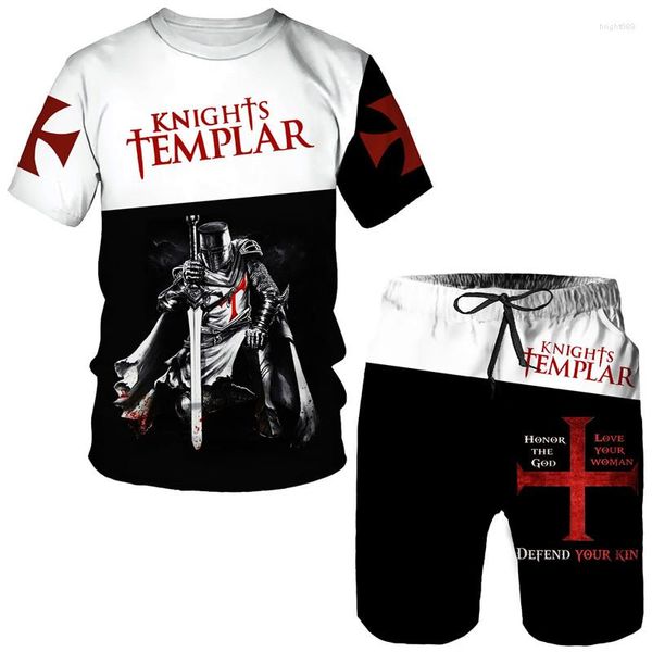 Survêtements pour hommes Crusader Knight Imprimer T-shirt pour hommes Hip Hop Temple Harajuku T-shirts à col rond Shorts de mode 2 pièces Ensembles de tenue Vintage
